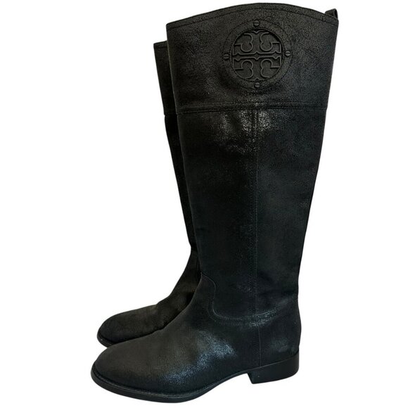 Tory Burch Kiernan Black Caviar Tumbled Leather Tall Riding Boots Size 9 Women's - Picture 4 of 13